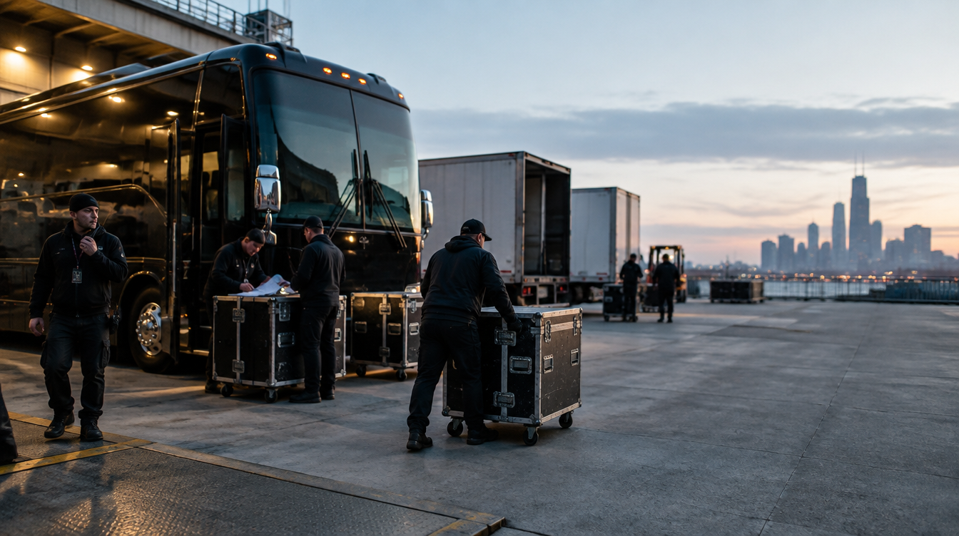 Tour crew moving road cases between buses and trailers